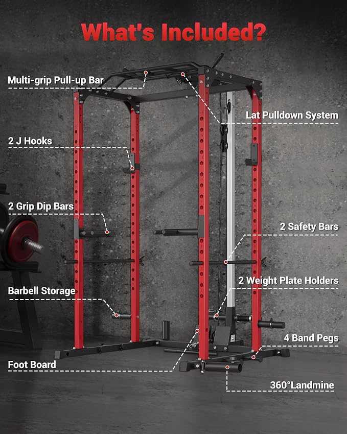 GarveeLife Power Cage, Power Racks for Home Gym with Pulley System | 1200 LBS Weight Capacity Multi-Functional Squat Rack for Strength Workout with More Training Attachment (Red D1002)