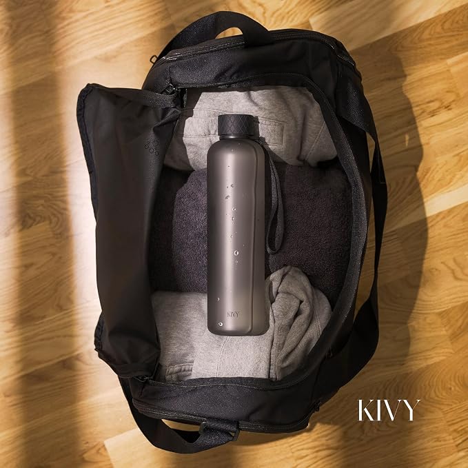 KIVY Slim Water Bottle 32oz [Lightweight & Shatterproof] Fits Backpack & Cupholder for Travel, Sports, School, Gym - Black water bottle no straw for Men - Screw top - Dishwasher Safe
