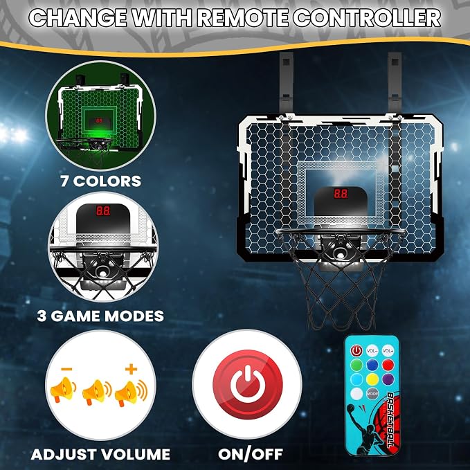 QDRAGON Mini Basketball Hoop with Scoreboard & 7 LED Lighting | Over The Door Indoor, with 3 Balls/Inflator/Breakaway Rim, Basketball Toy Gifts for Kids Adults, Suit for Bedroom/Office