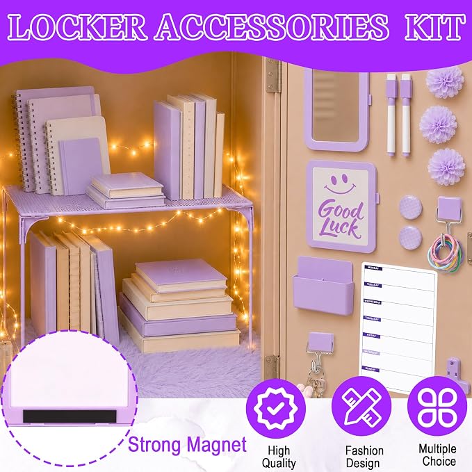 17 PCS Locker Accessories for Girls Locker Decoration Kit with Shelf Magnetic Mirror Whiteboard Pen Holder Rug Wallpaper Lights Lockers Organizer Set for School Dorm Gym Office (Purple)