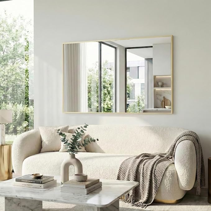 30" x 48" Gold Wall Mirror, 48" x 30" Large Metal Framed Accent Mirror, Horizontal Decor for Dining Room & Bathroom Vanity