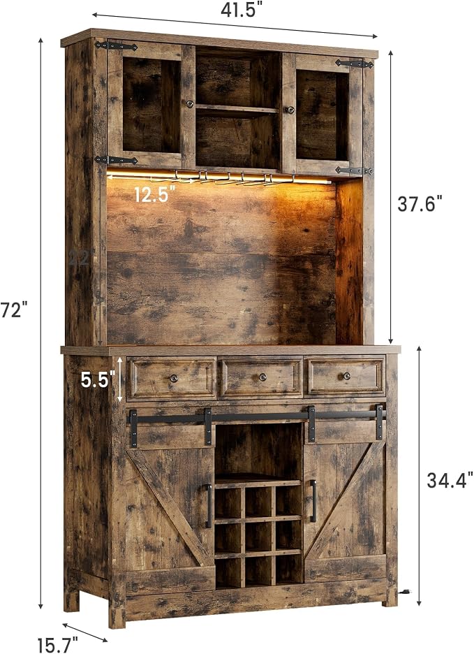 GarveeHome 72" Farmhouse Coffee Bar Cabinet with LED Lights & Power Outlets | Tall Kitchen Buffet Hutch with 3 Drawers & Wine Glass Rack, Sliding Barn Door, Ample Storage for Home Bar, Brown