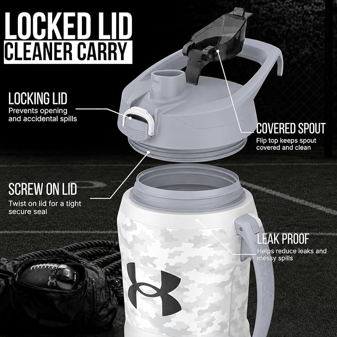 Under Armour Insulated Water Bottle with Handle & Fence Hook, Half Gallon Sports Water Jug, Leak-Resistant & BPA-Free for Baseball, Football & Gym - White Woodland, 64oz