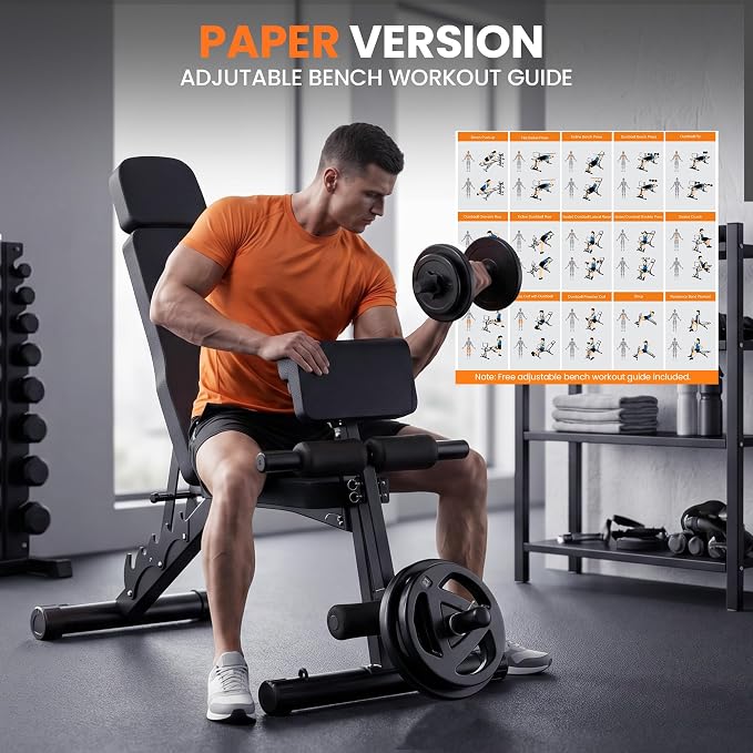 VUSIGN Adjustable Workout Bench, Weight Bench for Home Gym, Preacher Curl Bench with Leg Extension for Full Body Training Fitness, Foldable Incline Flat Decline Sit Up Bench Equipment for Bench Press Dumbbell Exercise with Wheels