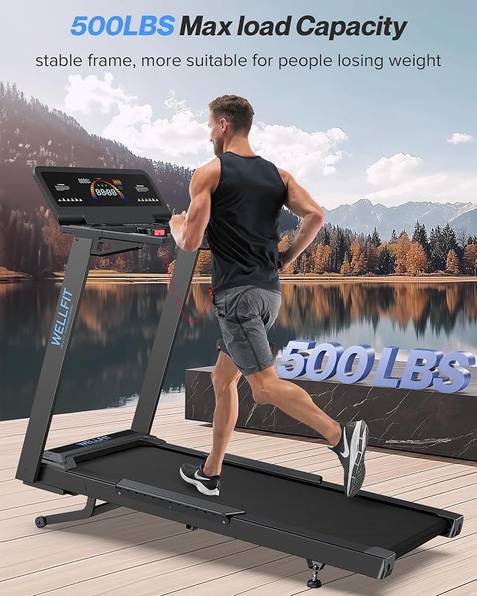 WELLFIT Auto Incline Treadmill, 15% Incline Heavy Duty Treadmill for Home | 4.5HP, 10 MPH, 500 lbs Capacity, 20'' x 55'' Running Area Treadmills with Pulse Sensor, Bluetooth Player & LED Display