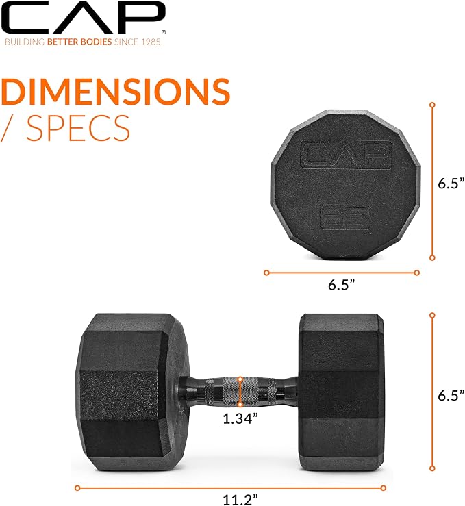 CAP Rubber Coated Dumbbell Weights, Free Weights for Home Gym Strength Training, Anti-Roll Hex Dumbbells with Black, Chrome & Comfort Grip Handles, Singles