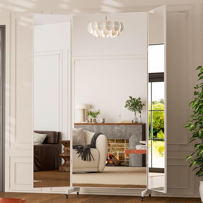 brisafe NanoMirror Non-Glass Ultra-Light Foldable Home Gym on Wheels, 63"x79" Extra Large Full Body Unbreakable Shatterproof Mirror, 360° Swivel for Yoga, Dance, Fitness Studio & Home Gym, White