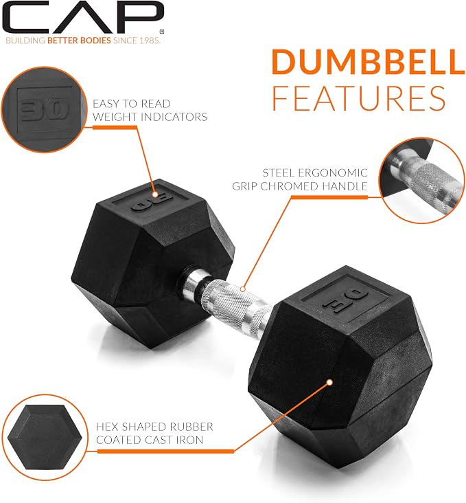 CAP Rubber Coated Dumbbell Weights, Free Weights for Home Gym Strength Training, Anti-Roll Hex Dumbbells with Black, Chrome & Comfort Grip Handles, Pairs & Sets