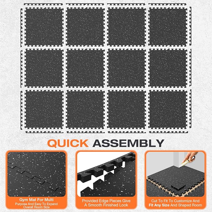 0.56'' Thick 12 Pcs 48 Sq Ft Non-Slip Rubber Top Exercise Equipment Mats, High Density EVA Foam Mats with Rubber Top, Interlocking Puzzle Gym Flooring for Home Gym, Workout Floor Mats, Black