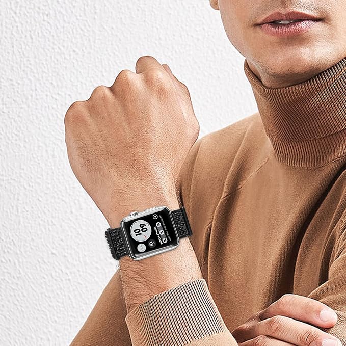 Sport Loop Band Compatible with Apple Watch Band 38mm 40mm 42mm 44mm iWatch Series 6 5 SE 4 3 2 1 Strap, Nylon Velcro Women Men Stretchy Elastic Braided Adjustable Wristband, 42mm 44mm Laser Black | Braided Nylon Band for Apple Watch 42mm 44mm, Adjusta...