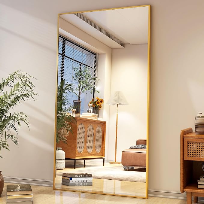 Easly Full Length Mirror with Stand 34"x76" Full Body Mirror Floor Mirror Standing Hanging or Leaning Wall, Wall Mirror with Stand Aluminum Alloy Frame for Living Room Bedroom Cloakroom,Gold
