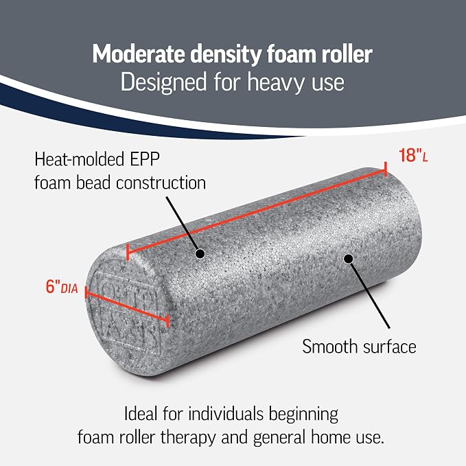 OPTP Silver AXIS Moderately Firm Foam Roller – Round, Silver, 18" x 6" | Moderate density for sports medicine, physical therapy, Pilates, yoga, trigger point myofascial release, Heat-molded EPP foam