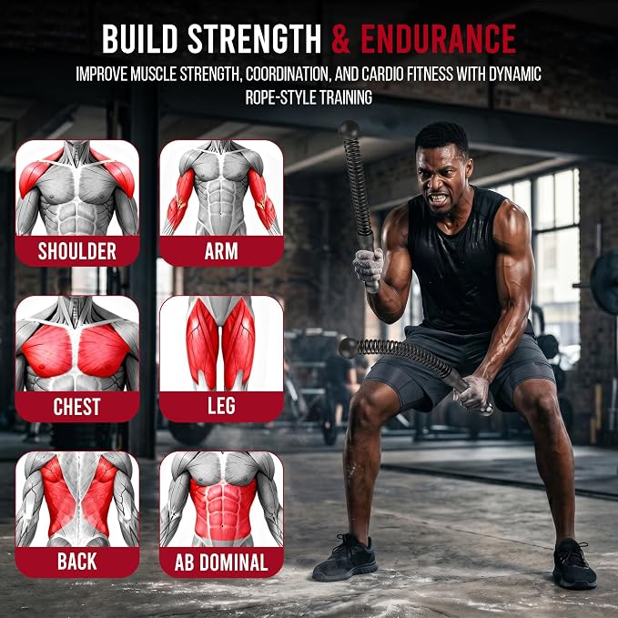 Weighted Ropeless Battle Ropes Home Gym Cordless Heavy Duty Exercise Equipment with Strap Portable Low Impact Cardio Workout Strength HIIT Training Fitness Tool for Arms Core Full Body Father's Day