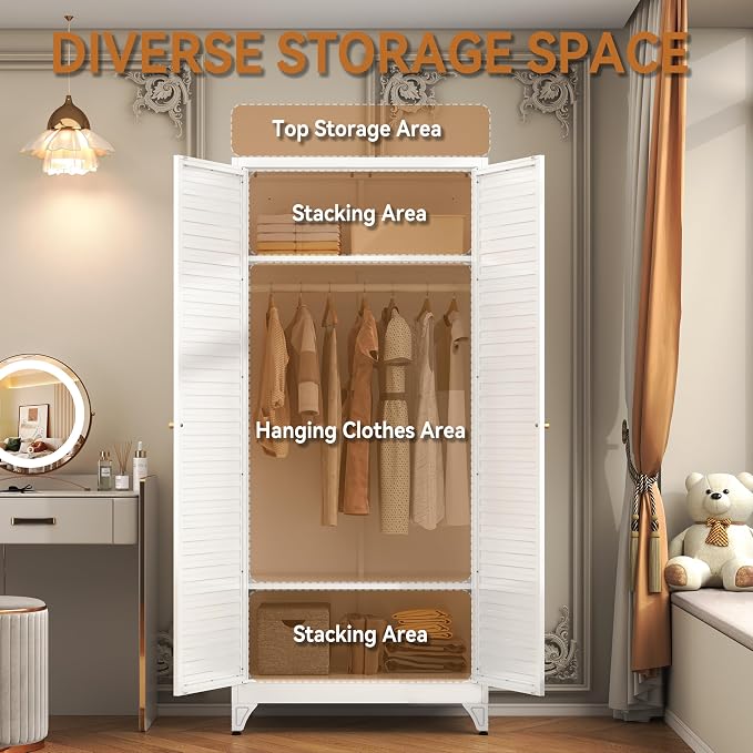 Polup Metal Armoire Wardrobe Closet with Doors, 71" Tall Wardrobe Cabinet | Heavy Duty Steel Clothing Storage Cabinet with Adjustable Shelves, Hanging Rod, for Bedroom, Office, Employee, Gym, White