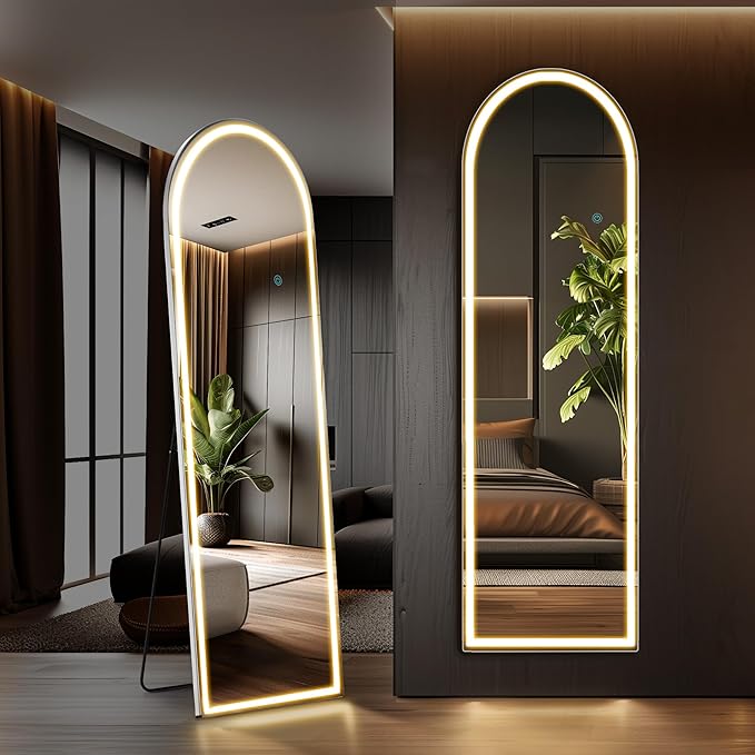 OLIXIS 16"x60" Arched Full Length Mirror with Lights, Body Mirror | Standing Floor, 3 Color Modes, Wall Mounted, Bedroom Bathroom Entryway, Tempered Glass
