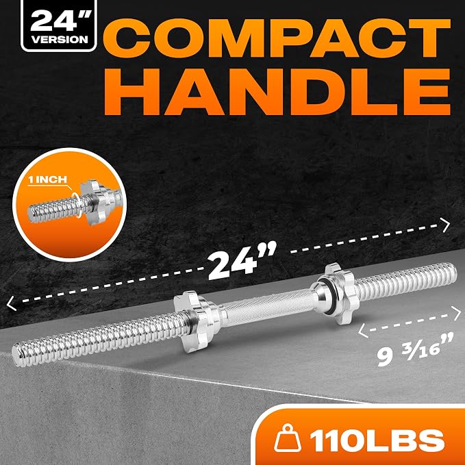 Yes4All Threaded Dumbbell Handles, Adjustable Dumbbell Bar Pair, 14/16/18/24-Inch Sizes, Fits 1" or 1.15" Plates, Non-Slip Grip, Secure Star-Lock Collars