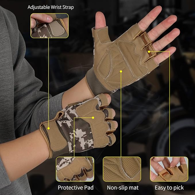 FIORETTO Fingerless Gloves for Men, Breathable Grip Palm Gloves for Motorcycle Riding, Driving, Cycling, Exercise, Workout, Climbing, Hiking and Outdoor Activities M210603