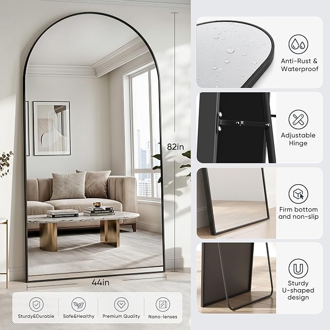 Full Length Mirror, 82"x44" Arched Floor Mirror Freestanding, Floor Standing Full Body Mirror with Stand for Bedroom, Hanging Mounted for Living Room Cloakroom, Black