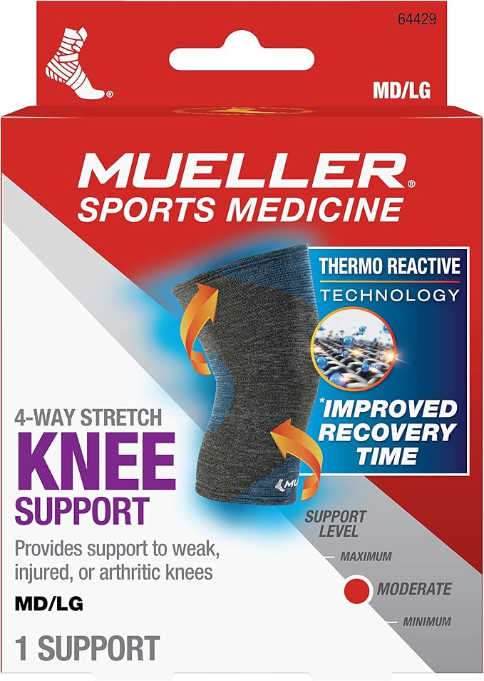 MUELLER Sports Medicine FIR 4-Way Stretch Compression Knee Support, Knee Pain Relief Support for Men & Women, Ideal for Arthritis, Sprains, Gray/Blue