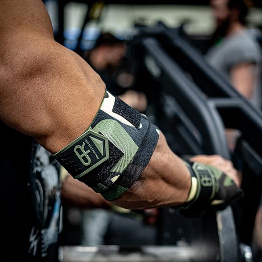 Elbow Wraps for Weightlifting - Heavy Duty Construction, 25% More Elasticity, Reinforced Stitching, Extra Wide Fastener, Easy to Adjust, Green Camo