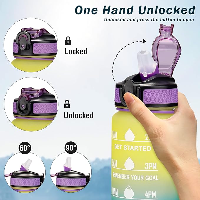 YC Kitchen Motivational Water Bottle with Time Marker - 32oz, Leak-proof BPA Free Sports Water Bottles with Straw & Carrying Strap