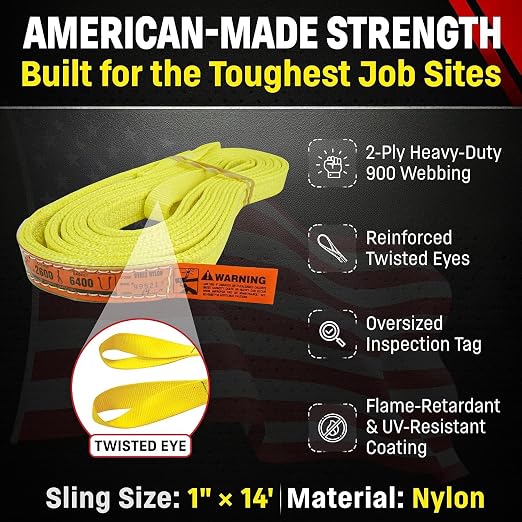 DD Sling 1 Inch x 14 Foot Nylon Lifting Sling – USA Made, 3,200 lb Vertical, 2,600 lb Choker, 6,400 lb Basket – 2-Ply Heavy Duty 900 Webbing, Type 4 Twisted Eye & Eye Rigging Sling