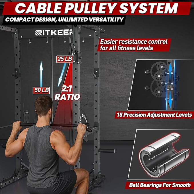 RitKeep Power Rack M10 with Pulley System & LAT Pull Down for Home Gym | Multi-Function Squat Rack with 1500LB Capacity, Pull-Up Bar & J-Hooks plus 11 Attachments for Strength Training