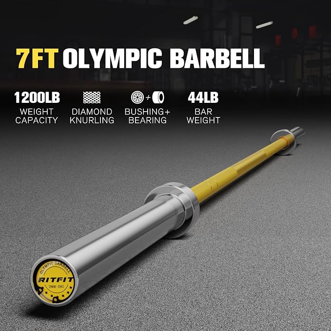 RitFit Elite 7ft Olympic Barbell, Robust 45lb Barbell for Weightlifting and Powerlifting, Superior Olympic Bar with Exceptional 500lbs Load Capacity, Weight Bar for 2” Standard Plates