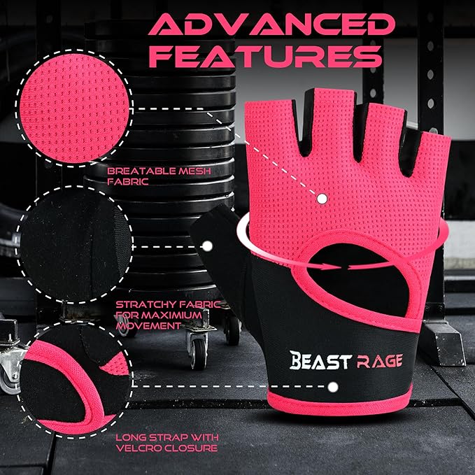 BEAST RAGE Workout Gloves for Men & Women - Fingerless Gym Gloves with Palm Protection, Breathable & Lightweight for Weightlifting, Cycling & Pull Up
