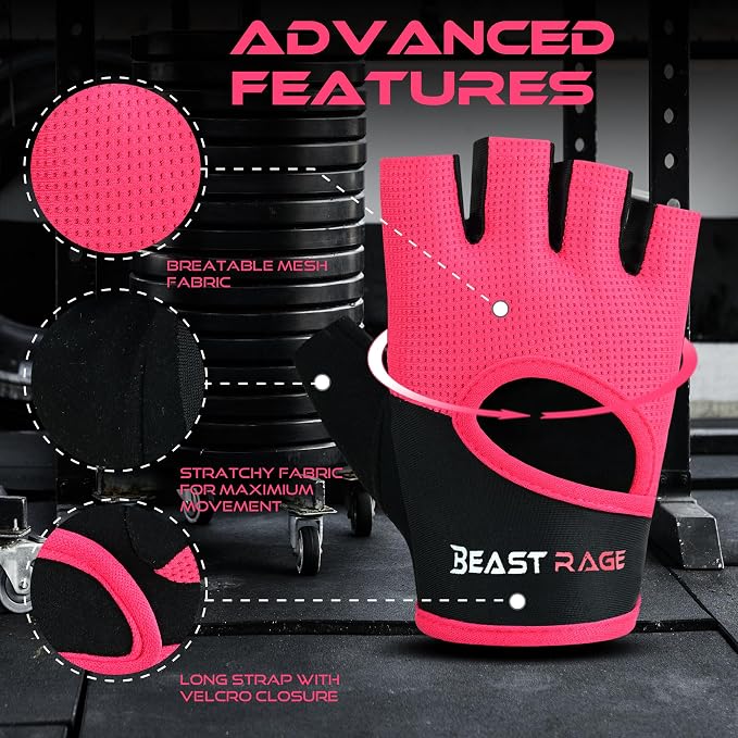 BEAST RAGE Workout Gloves for Men & Women - Fingerless Gym Gloves with Palm Protection, Breathable & Lightweight for Weightlifting, Cycling & Pull Up