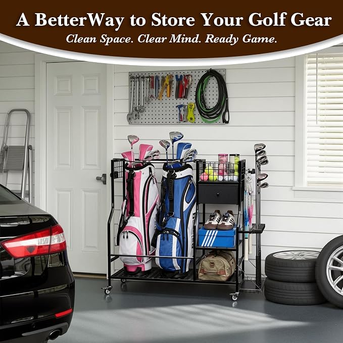 Faesun Golf Bag Organizer for Garage, Golf Bag Storage Rack with 6 Club Slots, Golf Club Organizer with Fabric Drawer & Wheels, Golf Storage Organizer Holds 2 Bags, Golf Rack Storage System