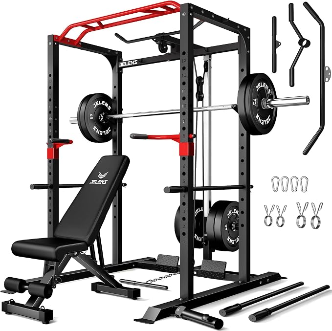 JELENS S11 Power Cage, 2000LB Multi-Function Power Rack with LAT Pulldown, Squat Rack with Adjustable Pulley System and Training Attachments, Weight Rack for Home Gym