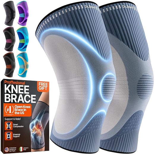 DR. BRACE Elite Compression Knee Brace for Women & Men, (2-Pack) Knee Support Compression Sleeve, Workout Sports Knee Braces for Meniscus Tear, ACL & Arthritis Pain Relief - Check Size Guide Video (Uranus, XX-Large)