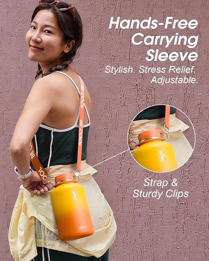 Coolflask Half Gallon Water Bottle Insulated Stainless Steel with Strap | 64 oz Large Water Jug with Straw & Spout Lids,Triple-Wall, Cold 48+h,Dishwasher Safe, Leakproof, BPA-Free,for Gym & Hiking