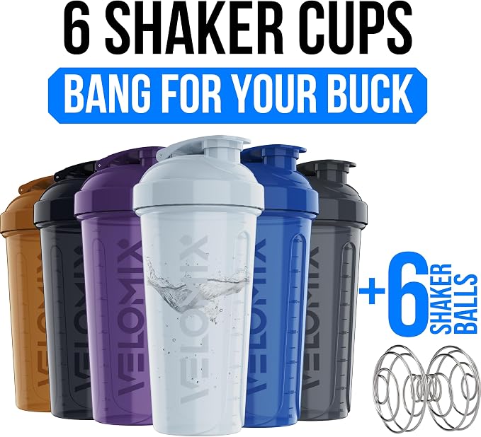 VELOMIX 6 Pack 28oz Protein Shaker Bottle for Protein Mixes, Elemental Mix | 6x Wire Whisk, Leak Proof Shaker Cups for Protein Shakes, Stackable, Dishwasher Safe, BPA Free, Pre Workout and Gym Ready