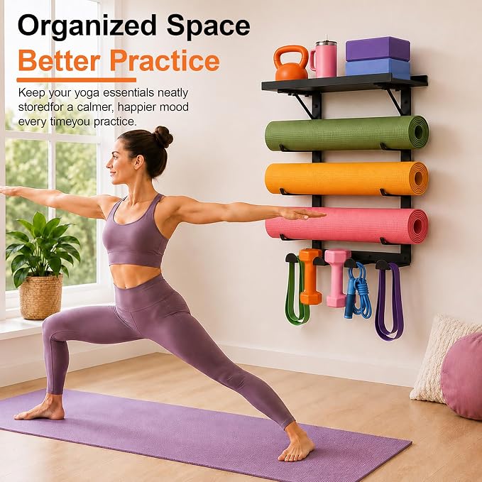 Yoga Mat Holder, Home Gym Storage Rack with Shelf, 6 Hooks and 4 Slots | Durable metal frame holds yoga mats, foam rollers and blocks, creating organized storage for home gyms and workout rooms