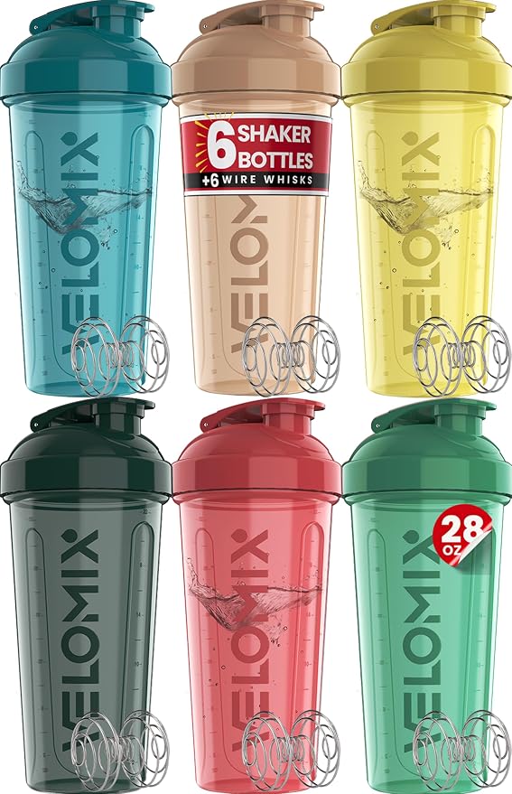 VELOMIX 6 Pack 28oz Protein Shaker Bottle for Protein Mixes, Hawai Shadows | 6x Wire Whisk, Leak Proof Shaker Cups for Protein Shakes, Stackable, Dishwasher safe, BPA free, Pre Workout and Fitness ready