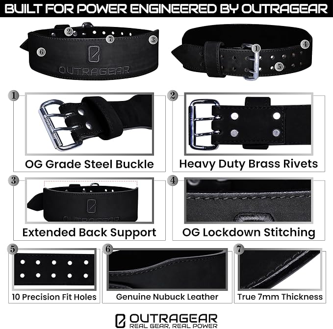 Real Leather Weight Lifting Belt - 7mm Gym Belt for Strength Training - Adjustable Buckle Weight Lifting Belts for Men & Women with Core Back Support