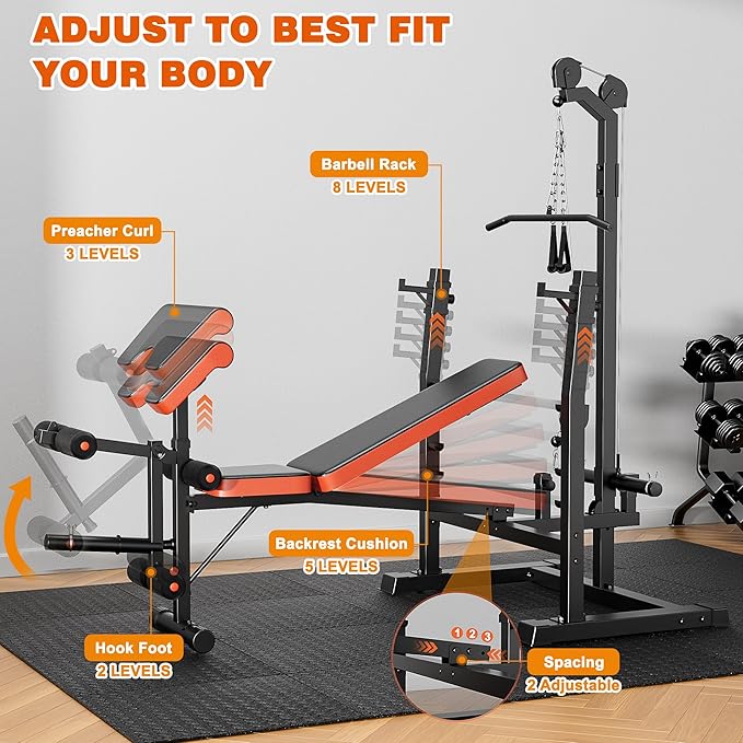 XDDIAS 9-in-1 Olympic Weight Bench Set with Lat Pulldown, Rowing, Squat Rack, Leg Extension/Curl, Preacher Pad, 900LB Adjustable Bench Press for Home Gym Weight Lifting Full-Body Workout