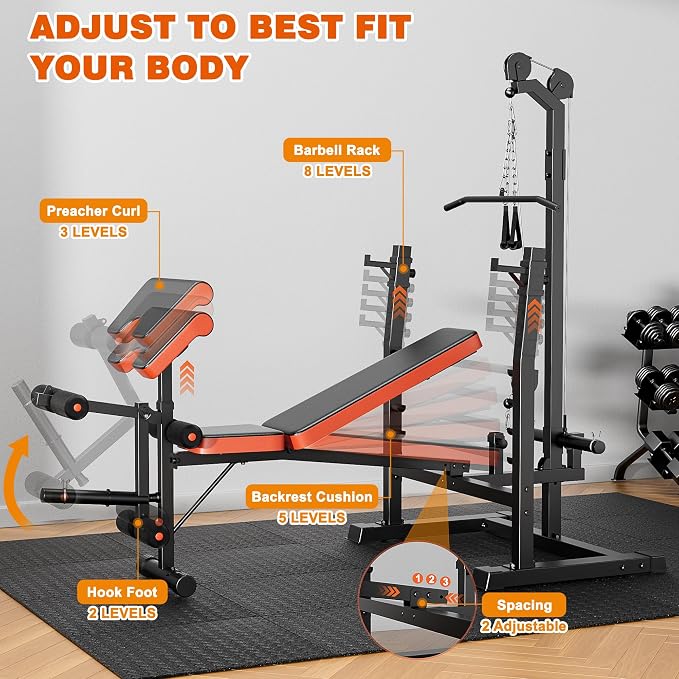 XDDIAS 9-in-1 Olympic Weight Bench Set with Lat Pulldown, Rowing, Squat Rack, Leg Extension/Curl, Preacher Pad, 900LB Adjustable Bench Press for Home Gym Weight Lifting Full-Body Workout