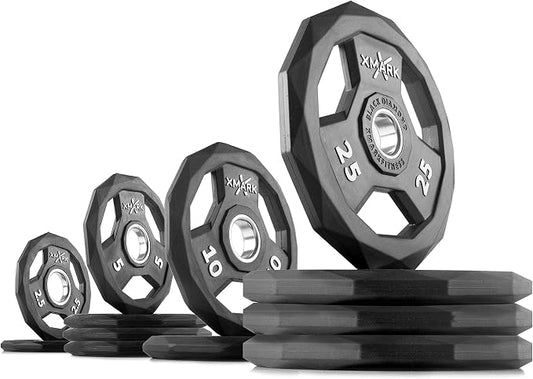XMARK Black Diamond Olympic Weight Plates 2-Inch, Rubber Barbell Plates with Tri-Grip Handles for Home Gym Strength Training