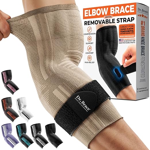 DR. BRACE® Elite Elbow Brace Support with Removable Strap for Women & Men, Pain Relief for Tendonitis, Arthritis, Golfer's & Tennis Elbow Treatment, Elbow Sleeve for Workouts Weightlifting (Beige, X-Large)