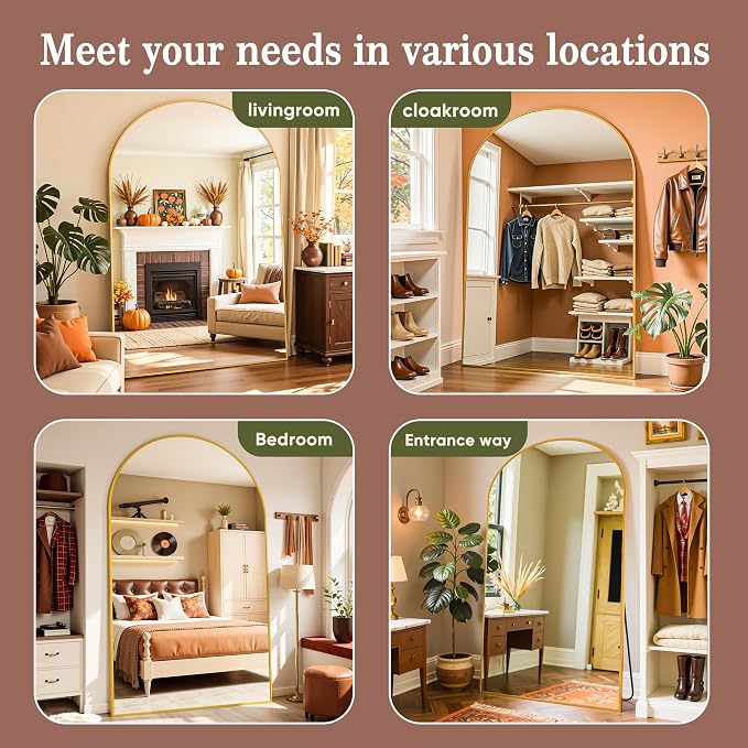 Full Length Mirror, 82"x44" Arched Full Body Mirror, Oversized Floor Mirrors, Leaning Free Standing Mirrors, Hanging Mounted Large Mirrors for Bedroom Dressing Room, Cloakroom, Gold