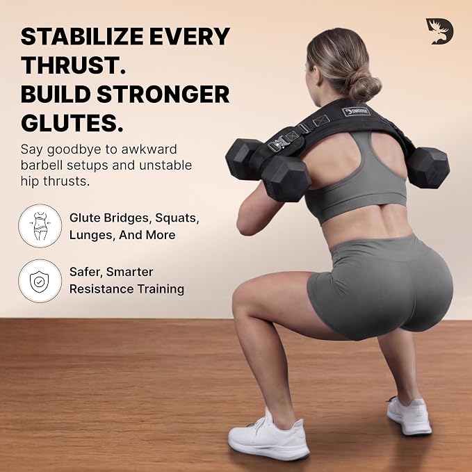 DMoose Fitness Hip Thrust Belt - Dual-Strap Glute Builder for Dumbbells, Plates, Kettlebells (Supports up to 700 lbs) - Comfortable Padded Booty Belt for Home & Gym