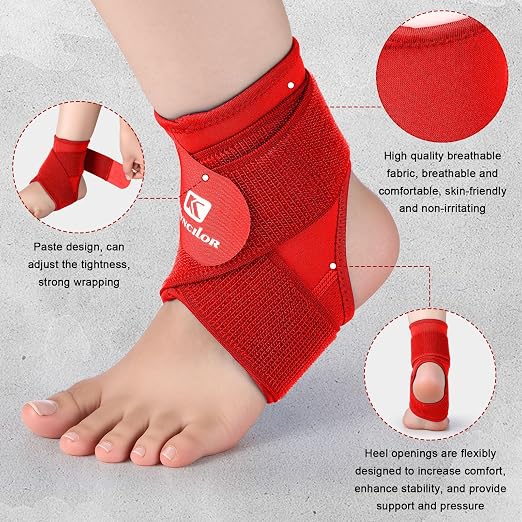 Honoson 2 Pcs Ankle Brace Kid Ankle Support Youth Neoprene Lace up Compression Sleeve Foot Brace Stabilizer with Adjustable Strap for Sport Sprained Plantar Fasciitis Achilles Tendonitis(Red,S)