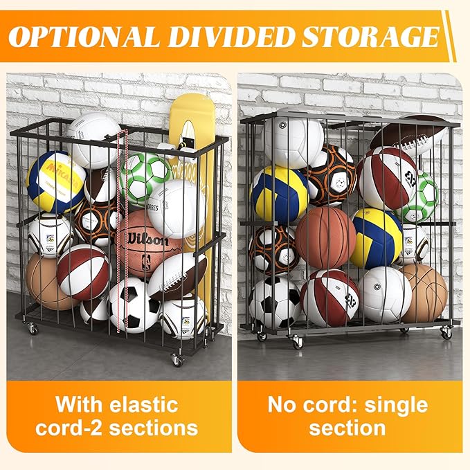 Large Capacity Garage Ball Storage- [Hold 16-20 Balls]: Rolling Sports Equipment Organizer Cart with Elastic Rope, Ball Rack with Wheels for Basketball, Soccer, Football, Indoor/Outdoor, Black