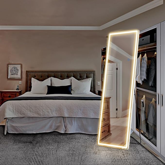 NEWBULIG 64"x21" LED Full Length Mirror, Full Body Standing Mirror, White | Leaning or Standing, Tempered Glass, Aluminum Alloy Thin Frame Floor Stand for Bedroom, Cloakroom