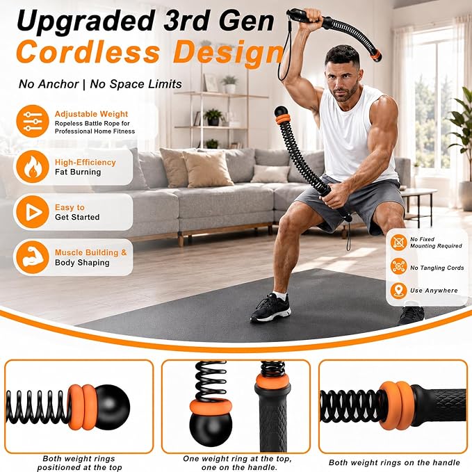 Portable Cordless Battle Ropes – Home Gym Workout Equipment for Intensive Training & Core Strength, Ideal for Home, Office, Travel and Small Spaces(Black & Purple)