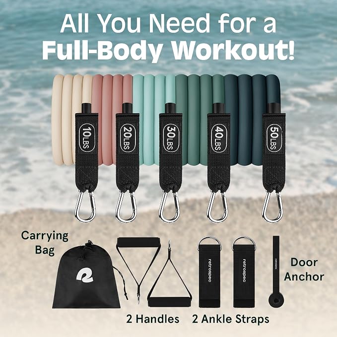 Retrospec Train Resistance Bands Set for Working Out - 5 Stackable Bands, Handles & Door Anchor - Portable Fitness Equipment for Physical Therapy & Yoga Includes Carry Bag