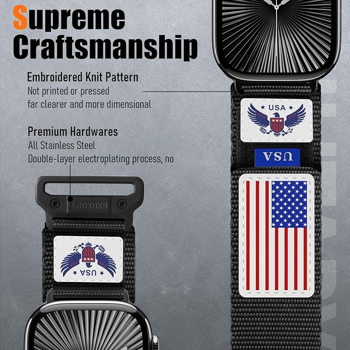 Rugged Nylon- Compatible with Apple Watch Ultra 3/ Ultra 2 Band 49mm Men,Tactical Soft Woven Stars- Stripes Flag Sport Strap for iWatch Bands 46mm 45mm 44mm 42mm Series 11 10 9 8 7 6 5 4 3 2 1 Se